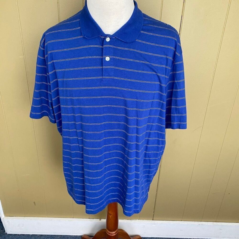 Bugle Boy men 2XL short sleeve cotton blend 2 button collar polo blue stripe